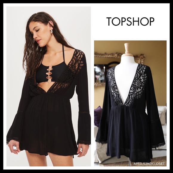 TOPSHOP BLACK BOHO TUNIC COVERUP MINI DRESS A3C - Picture 8 of 8